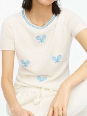 J. Crew Cream Cashmere Short Sleeve Top Sweater with Aqua Tennis Motifs